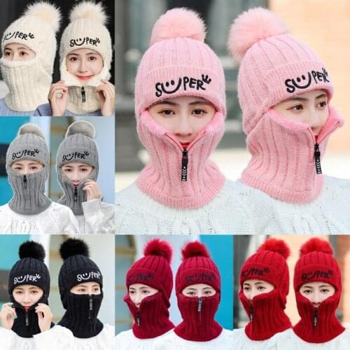 Women Winter Knit Beanie Balaclava Hat Letters Fleece Lined Zipper Face Mask Cap 449F