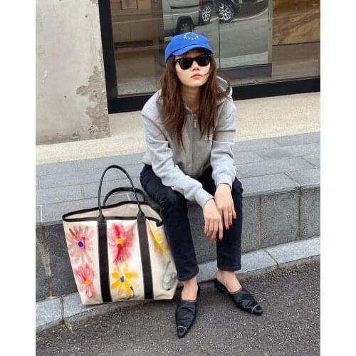 Women Canvas Printing Art Reusable Shoulder Bags Solid Color Large Capacity Multi-purpose Handle women Shopping Bags