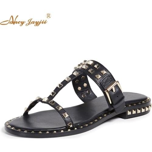 Rivet Slippers without Heels Gladiator T Straps Concise Simple Roman Sexy Vacation Fashion Women Shoes 2019 Customization