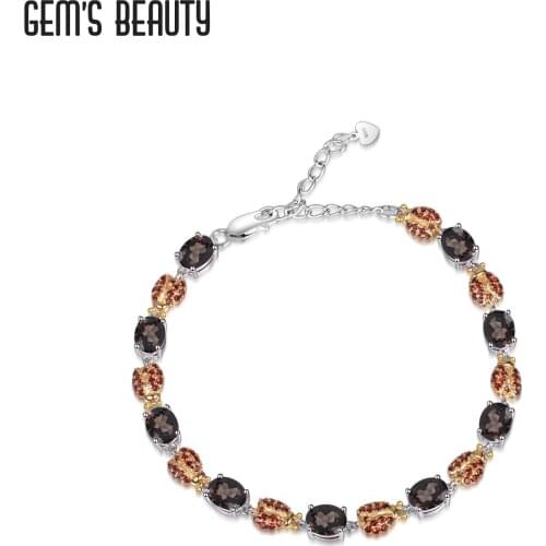 GEMS BEAUTY 925 Sterling Silver Vintage Handmade Jewelry Bracelets For Women Oval Cut Natural Smoky Quartz Strand Bracelets