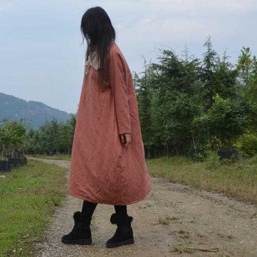 Women Autumn Winter Padded Retro Dress Ladies Cotton Linen Vintage Warm Dresses Female Solid Color Handmade Button Dress