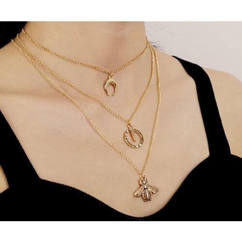 Gold Silver Color Fashion Cute Bee Necklace Exquisite Creative Personality Multilayer Necklace Moon Necklace forWomen Girlfriend