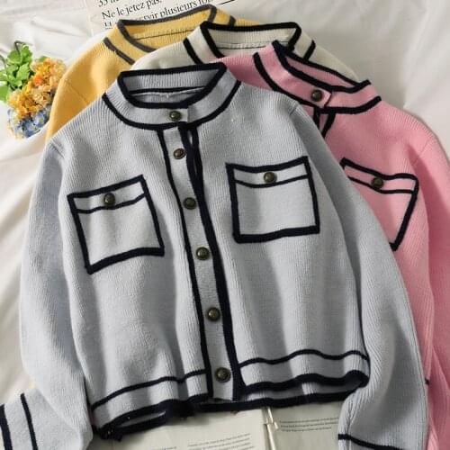 Neploe Single Breasted Stand O-neck Knitted Coats Femme Contrast Color Striped Knitting Jackets Women 2021 New Autumn Sweaters