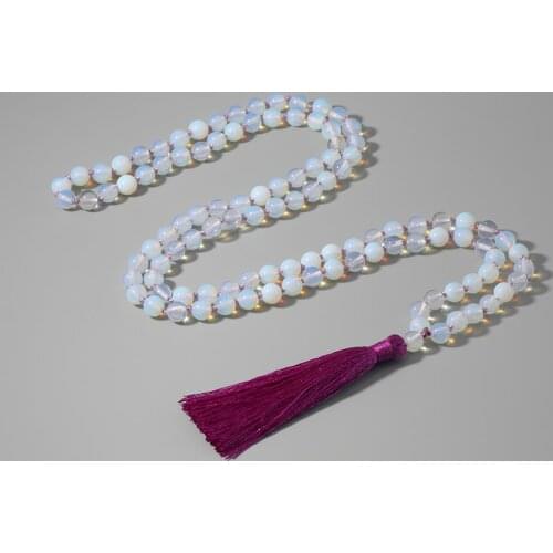 108 Opal Beaded Hand-Knotted Japa Mala Necklace Meditation Yoga Prayer Blessing Semi-Precious Stone Tassel Jewelry