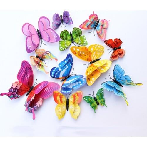 12Pcs Mixed color Double layer Butterfly 3D Wall Sticker for wedding decoration Magnet Butterflies Fridge stickers toy