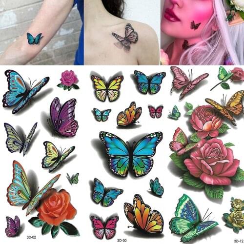 3D Butterfly Flowers Rose Disposable Temporary Tattoo Stickers Waterproof Arm Clavicle Body Watertransfer Fake Tatoo 1pcs