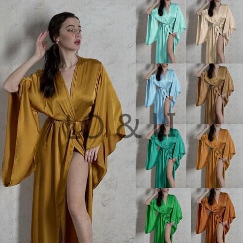 2021 New Silk Robes Women Long Sleeve Nightgown Ladies Girls Silk Satin Smooth Spring Lace Sleepwear Female Bathrobe