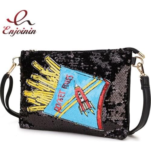 Sequins Popcorn Pop Art Patterns Pu Leather Fashion Women Clutch Bag Shoulder Bags Purses and Handbag Female Envelope Bags Pouch