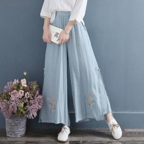 New Arrival Summer Women Cotton Linen Patchwork Ankle-length Pants Casual Loose Elastic Waist Embroidery Wide Leg Pants W559