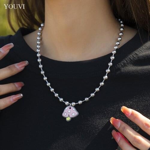 YOUVI Stainless Steel Beaded Chain Necklace for Women Men Vintage Goth Cute Acrylic Mushroom Pedants Necklace Jewelry Charm