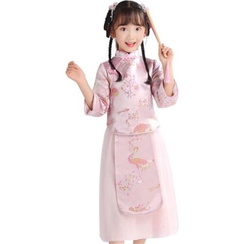 Girls cheongsam thick fairy crane pattern Hanfu winter suit cute pink girl Tang suit Chinese costume cheongsam dress