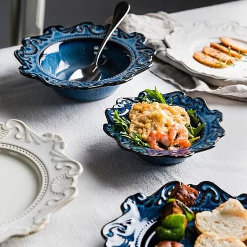 European retro Relief ceramic plate Baroque Blue White Dinnerware Western Steak dessert dish round bowls kitchen Tableware