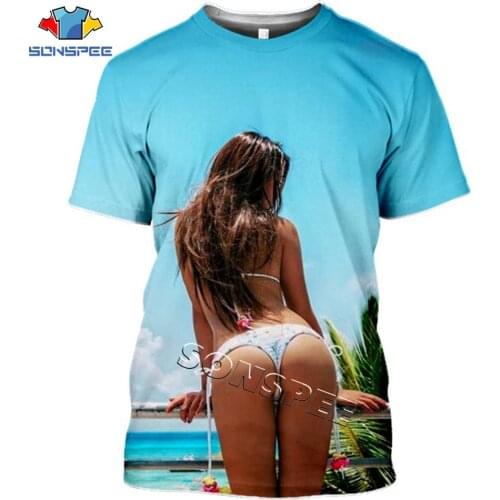 SONSPEE 3D Bikini Print T-shirt Summer Beach Semi-naked Model Sexy Swimming Goddess Three-point Oversized Mens Clothing Top