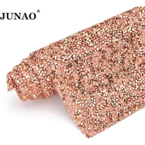 JUNAO 24*40cm Rose Gold Self Adhesive Rhinestones Mesh Trimming Crystal Fabric Sheet Stickers Applique for DIY Shoes Car