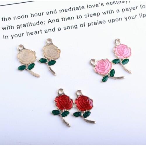 Mini Order 10PCs 13*20MM Enamel Rose Flower Alloy Charms DIy Jewelry Findings Ornament Accessories Earring Necklace Bracelet
