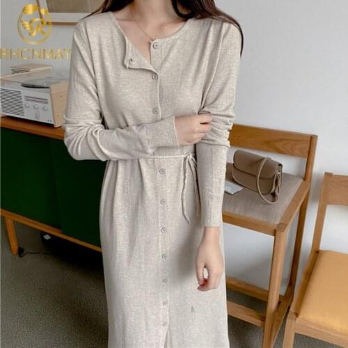 2021 Autumn And Winter Versatile Medium Length Style Wool Dress Womens Cardigan Dress Slim Frenulum Jersey Dress Korean Office