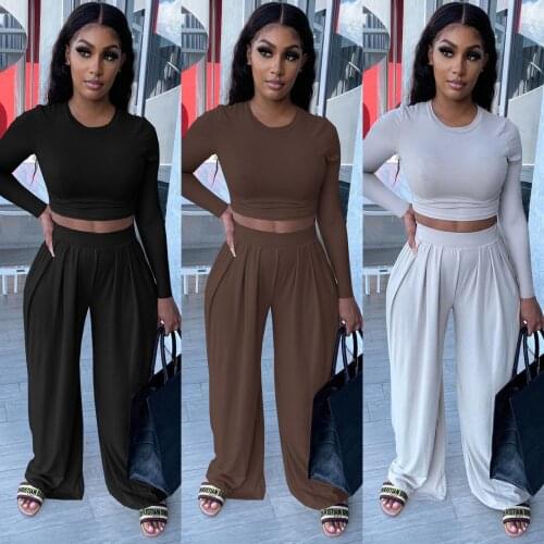 Autumn 2 Piece Set For Women Set Sexy Pullover Long Sleeve Crop Top Wide Leg Long Pants Set Two Piece Set Outfits