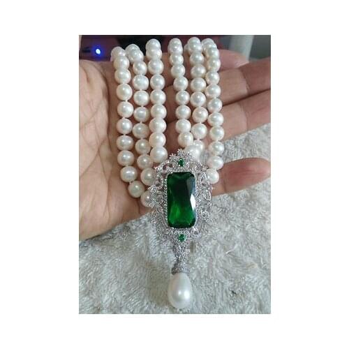 Fashion new triple strands 8-9mm south sea white round pearl necklace+pendant 17"18"19"