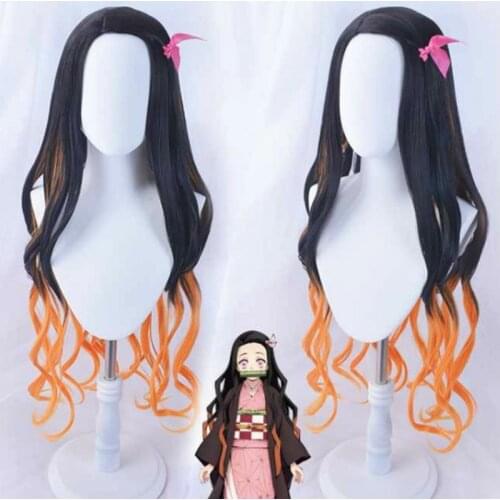 Anime Demon Slayer Kamado Nezuko Cosplay Wig Kimetsu no Yaiba Black Orange Long Hairpin Heat-resistant Hair + Wig Cap Party