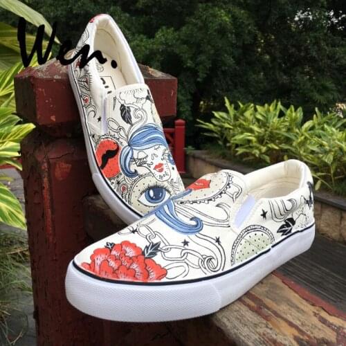 Wen Original Design Abstract Painting Facial Features Blue Eye Red Lips Slip On Canvas Shoes Hand Painted Women Girls Sneakers