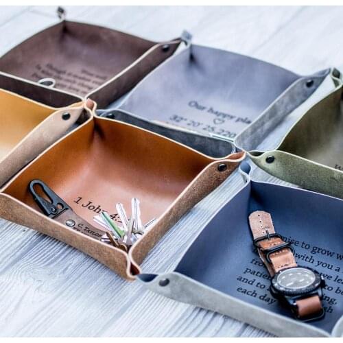 Handmade Leather Valet Tray Jewelry Box Engraved Leather Catchall Custom Anniversary Personalized Gift