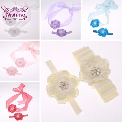 Nishine Boutique Pearls Rhinestone Roast Floral Sash and Headband Set Solid Color Handmade Flower Women Belt Maternity Waistband