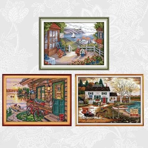 Riverside Hut Cross Stitch Pattern Counted Printed on Canvas DMC 11CT 14CT Embroidery Sets DIY Handwork Needlework Crafts