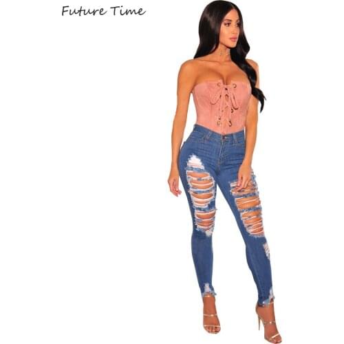 Ripped Hole Jeans Casual Elastic Bodycon Slim Skinny Pencil Pants High Waist Blue Denim Trousers 2020 Spring and Summer C2129