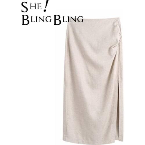 SheBlingBling Za 2021 Women Fashion Skirt suit 2 piece Linen Blouse Vintage Shirts Office Lady Chic Slit MIdi Female Long Skirts