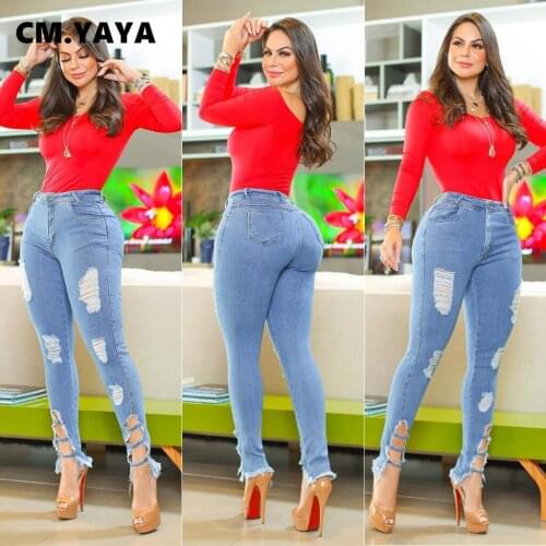 CM.YAYA fall 2020 women Casual womens jeans Skinny elastic force jeans Hole slit jeans wide