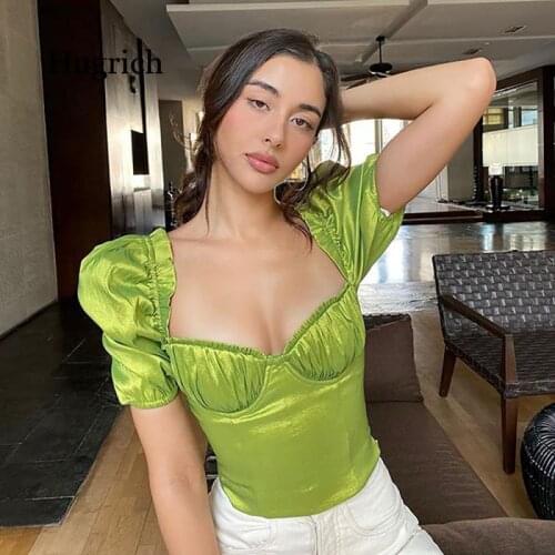 2012 Ins Summer Womens Solid Pleated Lace Wrapped Chest Open Navel Light Green Satin Slim Fit T-Shirt