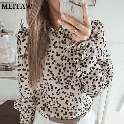 Casual Long Sleeve Turtleneck Shirt Spring 2020 Retro Ruffle Dot Printed Blouses Ladies Office Tops Blusas