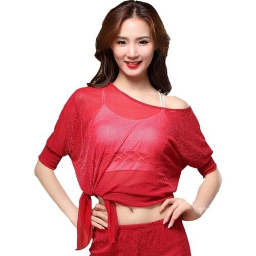 Cheap 2018 New Dance Wear Women Sexy Top Side Cross Crop Halter Off Shoulder Belly Dance Elastic Tops Transparent