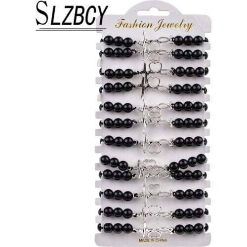 12pcs/set Black Beads Bracelet Set Electrocardiogram Heart Shape Charms Bracelets Adjustable Rope Chain Bracelet Women Jewelry