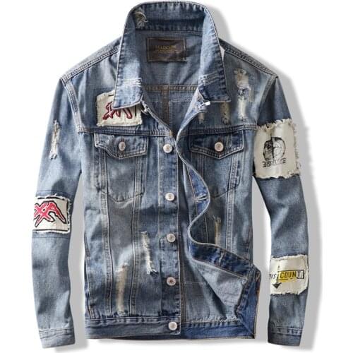 American Streetwear Fashion Men Denim Jacket Blue Color Retro Washed Patchwork Hip Hop Coat Male Destroyed Ripped Jacket Hombre