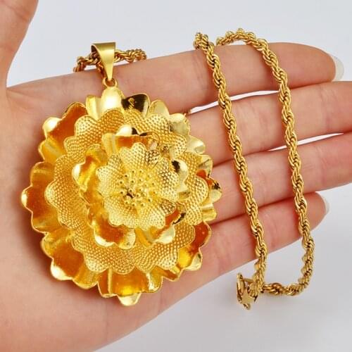 Anniyo Big Flower Pendant and Necklaces for Women Gold Color & Copper Base African Jewelry Party Gift #005007