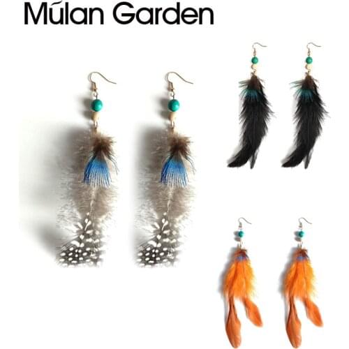 Bohemian Nature Feather Earrings for Women Girl Green Stone Beads Pendant Statement Earring Ethnic Jewelry Accessories Girl Gift