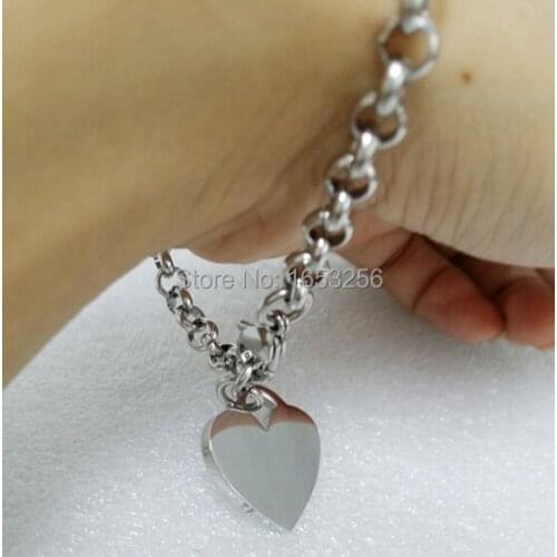 Stainless Steel Sweet Heart tag Charms Bracelet Rolo Chain Jewlery Women / Lady Fashion Gifts