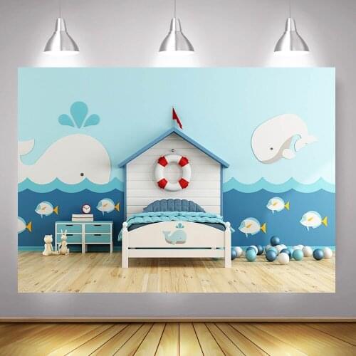 Newborn Dolphin Portrait Photography Backdrop Children Bedroom Background Decoration Prop Blue Sea Fish Balls Birthday Photocall