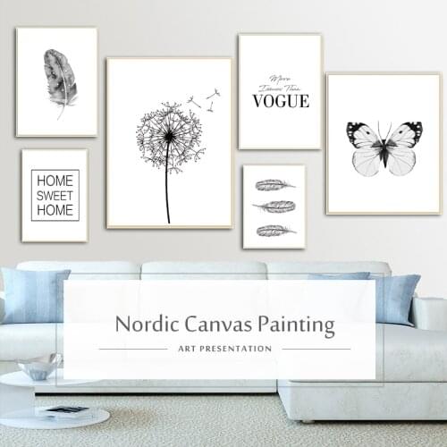 Dandelion Flower Canvas Painting Modern Butterfly Feather Black White Art Pictures Home Decor Living Room Nordic Wall Poster