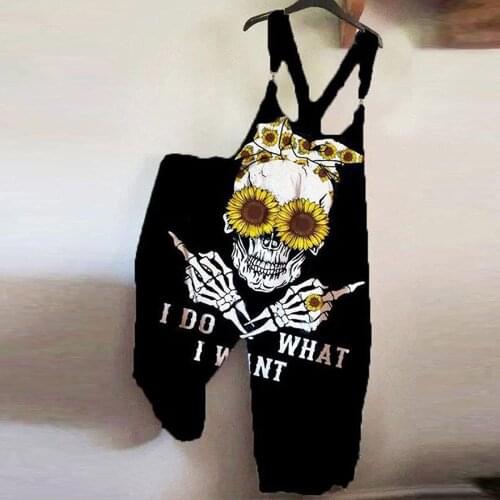 Punk Skull Jumpsuit Womens Spaghetti Strap Wide Leg Pants Summer Sleeveless Loose Overalls Halloween High Street Wear