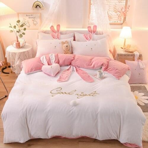 Luxury Fleece Velvet Lovely Rabbit Ears Bedding Set Warm Flannel Duvet Cover Pillowcases Flat Sheet Twin Queen King Pcs Size 3/4