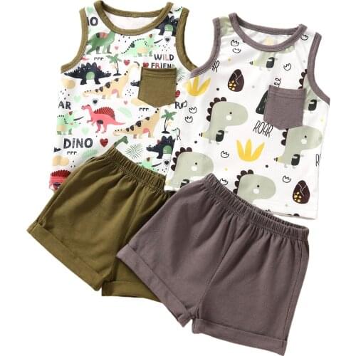 Imcute 2Pcs Baby Summer Tracksuits, Cartoon Dinosaur Print Sleeveless Vest + Elastic Waist Shorts for Toddler Boys, Girls