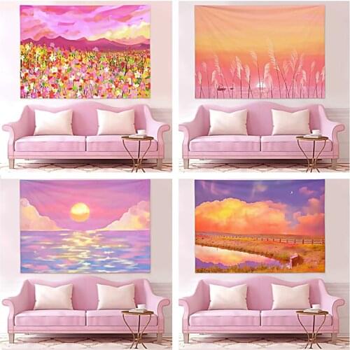 Cloud Flower Pink Background Tapestry Childrens Room Bedside Layout Decorative Wall Home Psychedelic Kawaii Room Macrame Decor