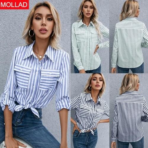 2021 Autumn And Winter Vertical Striped Double Pocket Slimming Single-Breasted Shirt Women 'S Clothing