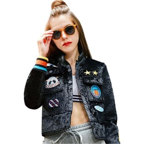 Autumn Ladies Stand Collar Jacket Long Sleeve Black Velvet Coats Women Fashion Cartoon Patch Desighs Short Casual Overcoat Z97