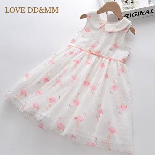 LOVE DD&MM Girls Dresses 2021 Summer New Sweet Swan Print Lapel Bowknot Mesh Vest Dress For Girl 3-8 Years