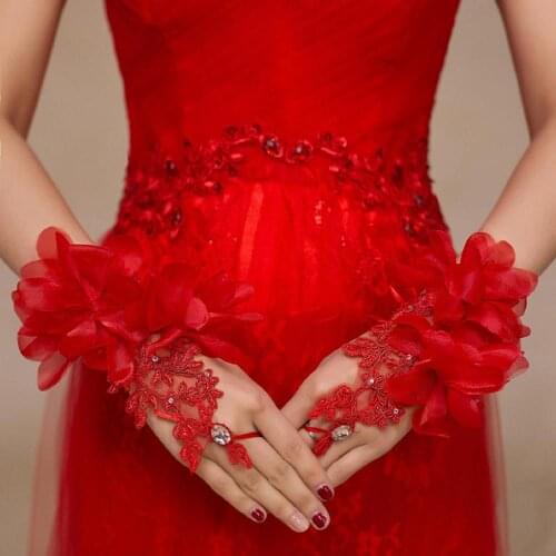 Wedding Accessories 2020 Short Red Flowers High Quality Crystal Wedding Gloves Elegant Bridal Gloves