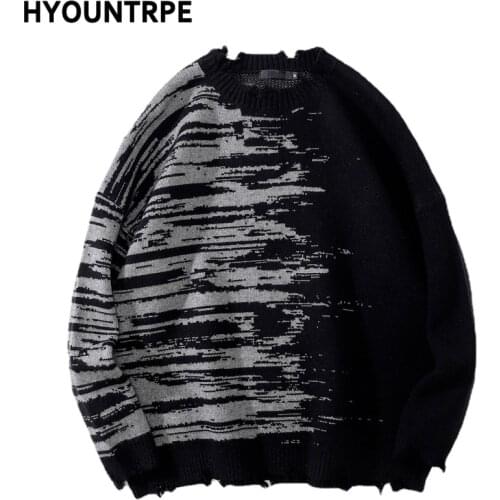 Hip Hop Ripped Holes Knitted Oversized Sweater Mens Casual O-neck Long Sleeve Pullover Streetwear Unisex Loose Sweaters Clothing