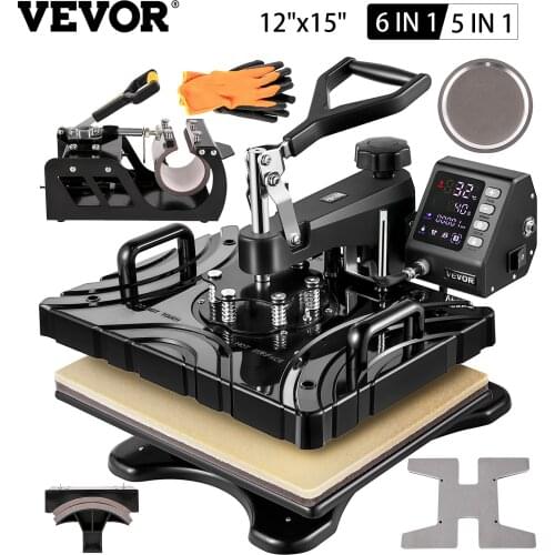 VEVOR 5/6 in 1 12"x15" 360° Heat Press Machine Printer Double-Tube Heating W/ LED for Caps T-shirts Cups Plates Pattern Printing